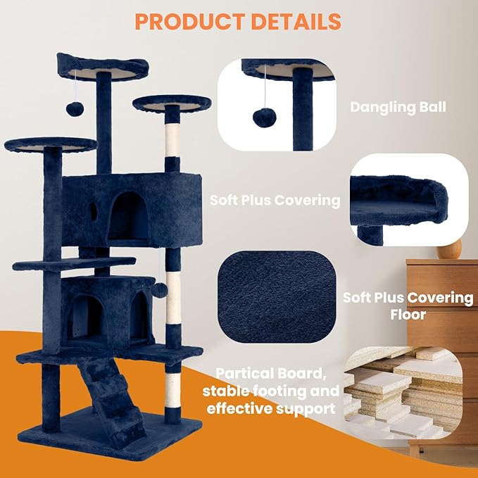 54.7 inches Cat Tower - Multi-Level Cat Condo with Scratching Posts, Hanging Toys, Navy Blue-Mewly Pet