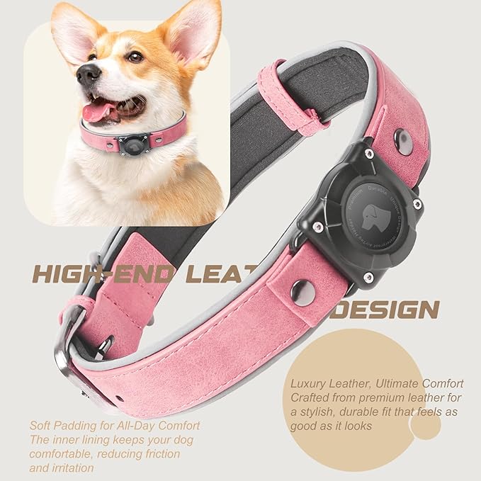 AirTag Dog Collar - Leather Dog Collar with Air Tag Holder | IPX8 Waterproof, Reflective, High - End, Adjustable Soft Padded | Dog GPS Tracker Collars Fit for Medium Large Dogs (Pink, M(12.5"-17.3"))-Mewly Pet