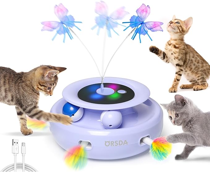 ORSDA Cat Toy, 3-in-1 Automatic Interactive Electronic Moving Ambush Feather, Fluttering Butterfly, Track Balls, USB Rechargeable Powered Smart Indoor Exercise Kicker-Mewly Pet