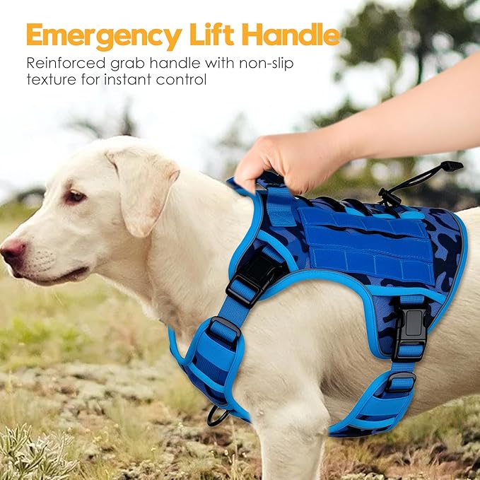 Heavy-Duty Tactical Dog Harness for Large Dogs, No Pull Adjustable Reflective Pet Vest with Molle System, K9 Military-Grade Control for Service Training, Outdoor & 10+ Breeds, Blue Camo, X-Large-Mewly Pet