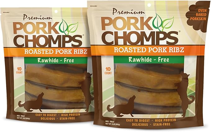 Pork Chomps Roasted Pork Skin Dog Chews, 6-inch Rib Shapes, 10 Count (Pack of 2)-Mewly Pet