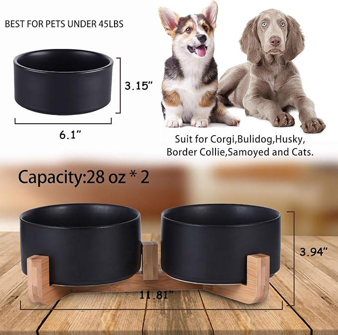 Petygooing Dog Bowls,Black Ceramic Cat Dog Bowl Set with Wood Stand for Food and Water,Non-Slip Cute Modern Pet Dish Set for Cats Small and Medium Dogs (28OZ/6.1 in)-Mewly Pet