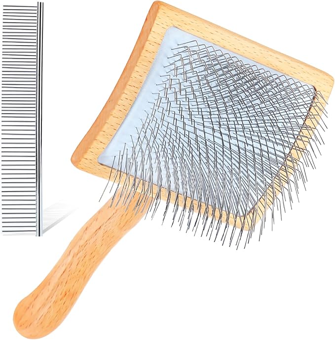 Dog Slicker Brush for Shedding and Grooming Medium or Long Haired Cats, Extra Long & Soft Pin Slicker Brush for Removes Loose Hair, Tangles, Knots, Undercoat, Free Pet Comb, Large, Oak-Mewly Pet