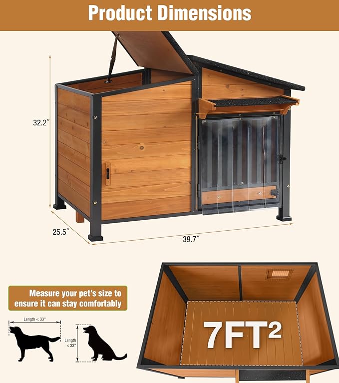 GUTINNEEN Heated Dog House Outdoor with Electric Heating Pad, Insulated Wooden Dog Kennel with 360° Rotating Feeding Bowl, Anti-Chewing Metal Frame, Natural Wood Color-Mewly Pet