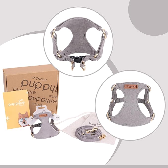 Puppytie No Pull XXS Puppy Harness with Multifunction Dog Leash,Soft Adjustable No Choke Escape Proof Pet Harness Vest,Silver Grey,XXS-Mewly Pet