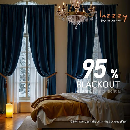 Lazzzy Velvet Blackout Curtains Thermal Insulated Room Window Drapes Super Soft Luxury Curtains for Living Room Bedroom Rod Pocket 2 Panels, Dark Blue, 52" W x 96" L