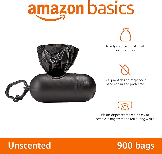 Amazon Basics Dog Poop Bags with Dispenser, 900 Count, Enhanced for Guaranteed Leakproof, Unscented, Includes Leash Clip-Mewly Pet