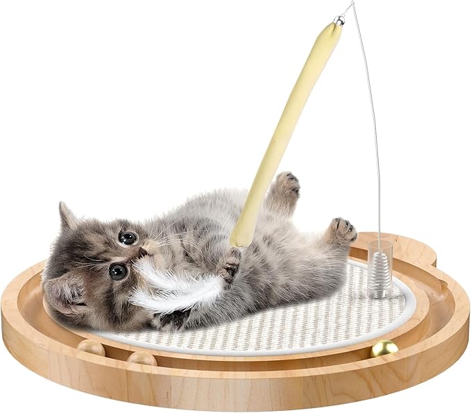 3-in-1 Cat Toys, Scratcher, Toys for Indoor Cats, Natural Sisal Scratching Board, Kitten Interactive with Ball Track & Retractable Wand Toy & Feather-Mewly Pet