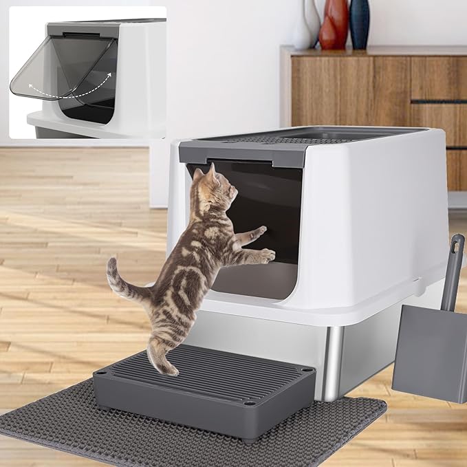 RIZZARI Stainless Steel Cat Litter Box, Odorless Enclosed Litter Box with Top Holes, Large Litter Pan for Small to Large Sized Cats (Dark Gray, 23.8" L*15.9" W*16.1" H)-Mewly Pet