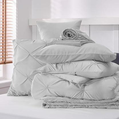 Bedsure Twin XL Comforter Set - Extra Long 5 Pieces Dorm Bedding Sets, GentleSoft™ Pinch Pleat Light Grey Bed in a Bag with Pintuck Comforter, Sheets, Pillowcase & Sham
