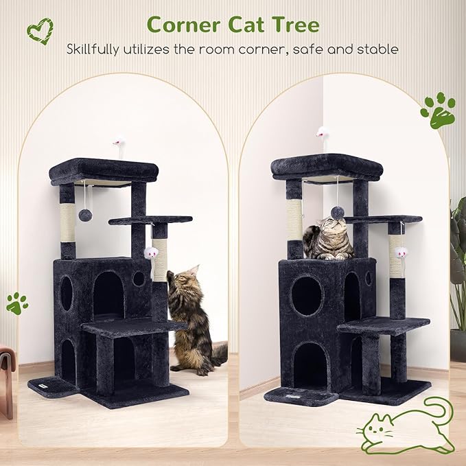 Globlazer Cat Tree Tower for Indoor Cats, 50-inch Adult Cat Tree House for Large Adult Cats with Steps, Scratching Post, 2 Cat Caves, Dangling Toys, FC50, Dark Grey-Mewly Pet