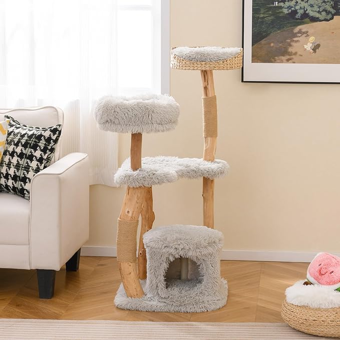 Tangkula Cat Tree Tower, Solid Wood Modern Cat Tower with Top Cattail Basket Bed, Side Perch, Large Platform & Cat Condo, Cute Cat Tree with Scratching Posts for Indoor Cats Large Adult-Mewly Pet