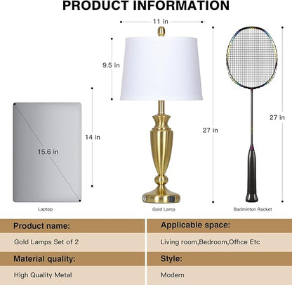 27'' Gold Table Lamps for Living Room with White Lampshade, 3 Way Touch Control Bedside Lamps Set of 2 with USB A+C Ports, Modern Metal Nightstand Lamp for Bedroom Office End Table