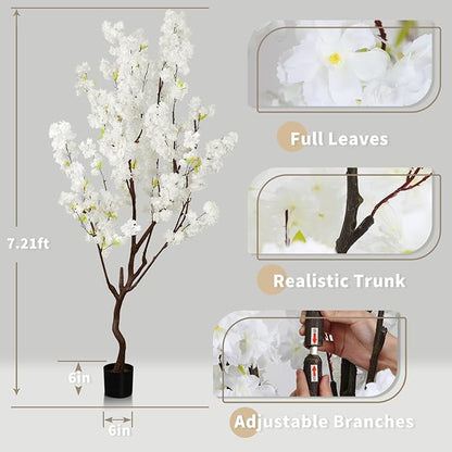 7.2ft Tall Artificial White Cherry Blossom Tree Indoor Decor, Fake Silk Flower Cherry Tree Plant Outdoor, Faux Flowering Tree Realistic for Home Living Room Front Door Office