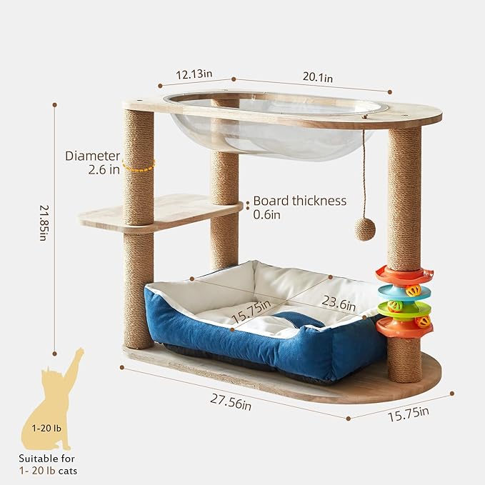 2 Tier Cat Tower,21.85 in cat Perch Wood cat condo with Hammock and Sisal Rope Scratcher Post Hanging Toy Balls for Indoor Large Cats Kittens (Blue)-Mewly Pet