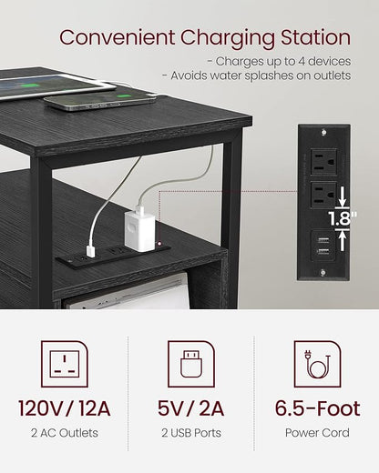 VASAGLE Side End Table with Charging Station, Slim Nightstand with 2 Drawers, Narrow Bedside Table for Living Room, Small Spaces, Charcoal Gray and Ink Black ULET321B22