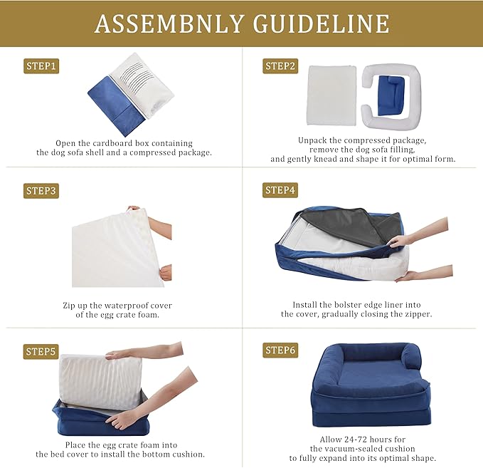 Bedfolks Orthopedic Dog Bed, Waterproof Dog Sofa Bed for Large Dogs, Egg Foam Pet Couch Bed with Removable Washable Cover and Nonslip Bottom, Navy Blue-Mewly Pet