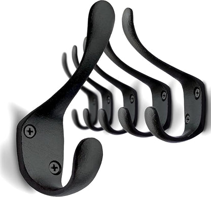 5 Pack Decorative Cast Iron Heavy Duty Double Hooks, Wall Mounted Coat Hooks, Vintage Inspired (Antique Black) (Spoon Hook)