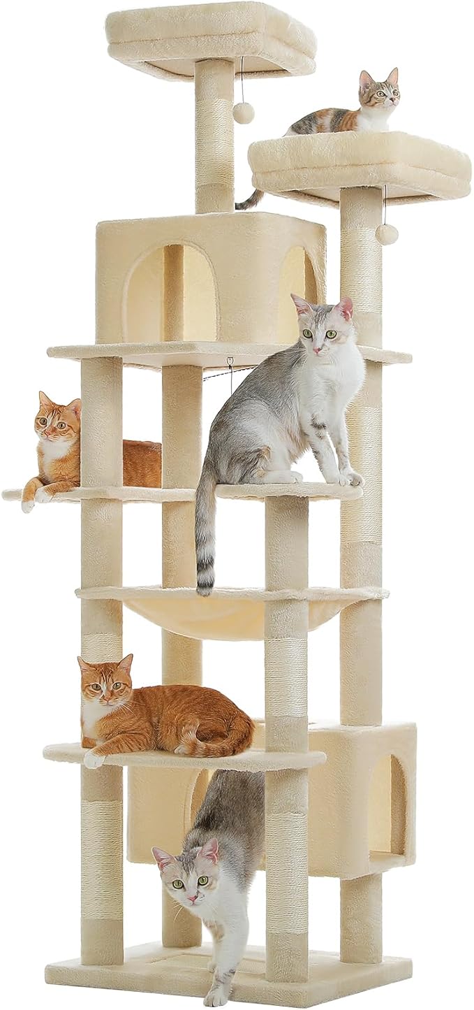 PAWZ Road Heavy Duty Cat Tree for Large Cats, 81 Inches Tall Cat Tower with 2 Perches, 2 Condos and Spacious Hammock, XL Extra Large Condo with 7 Scratching Posts for 20lb+ Adult Cats,Beige-Mewly Pet