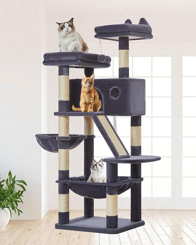 Taoqimiao Cat Tree 57.5-Inch, Cat Tower for Indoor Cats Large Adult, Extra Large Cat Condo, 8 Sisal Scratching Posts, Metal Frame Cozy Hammock, Durable Scratch Board, 2 Top Perches, Smoky Gray MS026G-Mewly Pet