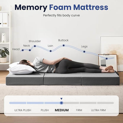 Foldable Mattress Full 6 inch -Portable Grey Memory Foam Folding Matress with Washable Cover for Camping Travel Guest Room Home Use-Non-Slip&Easy Storage