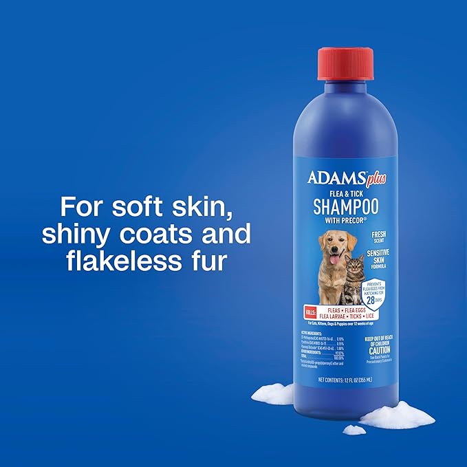 Adams Plus Flea & Tick Shampoo with Precor for Cats, Kittens, Dogs & Puppies Over 12 Weeks Of Age Sensitive Skin Flea Treatment | Kills Adult Fleas, Flea Eggs, Ticks, and Lice| 12 Ounces-Mewly Pet