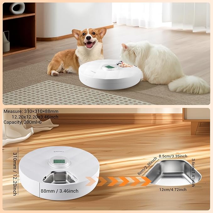 Automatic Cat Feeder Wet Food, Battery Operated Auto Feeder with 2 Ice Packs, Digital Cordless Pet Fresh Food Bowl with Timer and Memory Function for Cats Small Dogs (6-Meal Stainless Steel)-Mewly Pet
