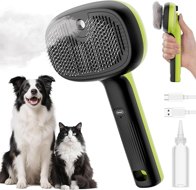 Pecute Cat Steam Brush, Self-Cleaning Steam Cat Brush with 2 Water Spray Modes, Large Capacity Tank, Steaming Renu Dog Brush for Shedding Massaging Grooming, Cool Mist Only-Mewly Pet