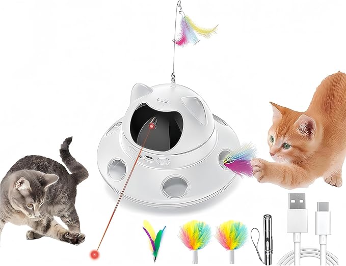 3-in-1 Cat Laser Toy & Interactive Automatic Motion-Activated Kitten Toy – 6 Holes Whack-A-Mole Feather & Moving Ambush Fun – USB Rechargeable, Apply to – Indoor Exercise for Cats of All Breeds-Mewly Pet