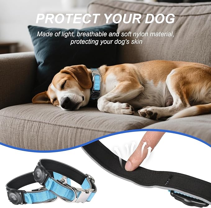 Waterproof Airtag Dog Collar - Nylon Collar with Durable Airtag Holder, Reflective&Anti-Lost with Safety Metal Buckle, Soft Padded Adjustable for Small Medium Large Dogs Blue S-Mewly Pet