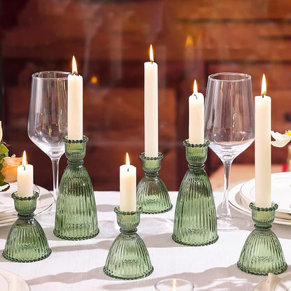 6 Pcs Green Glass Candlestick Holder (3.5"/6", Assorted)- Tall Taper Candle Holders with Vintage Design, Candle Stick Holders in Bulk for Party Decorations, Green Candle Holder for Tapered Candles