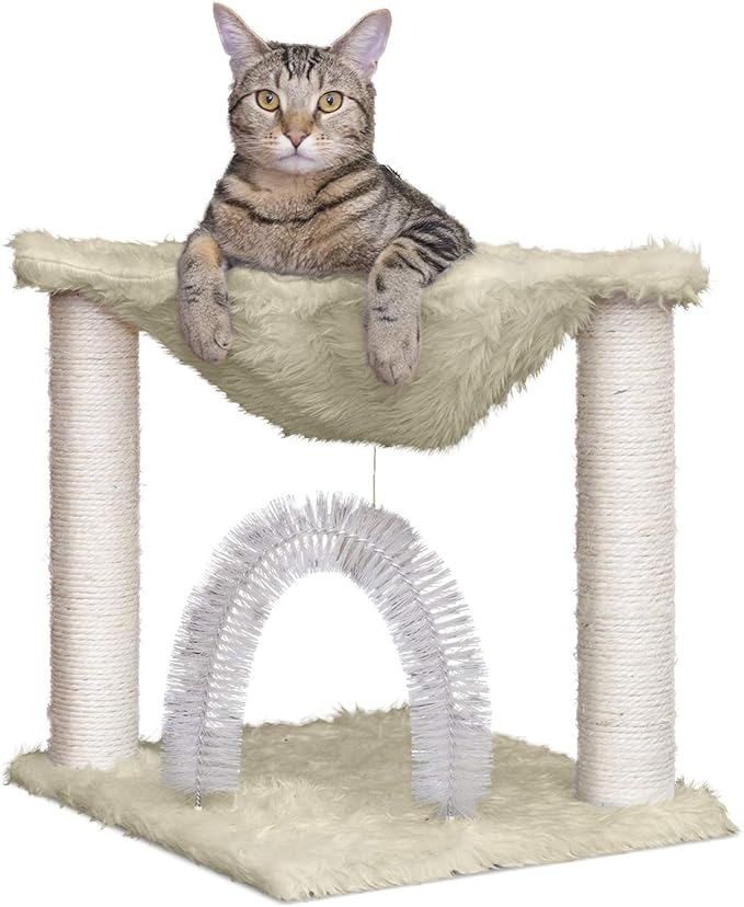 Furhaven 15.75" Tall Playground for Indoor Cats, Ft. Sisal Scratching Posts, Self-Grooming Brush, & Toy - Tiger Tough Hammock Interactive Playground - Cream, One Size-Mewly Pet