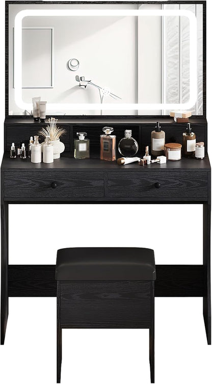 IRONCK Vanity Desk Set with LED Lighted Mirror & Power Outlet, Makeup Vanity Table with 4 Drawers,Storage Bench,for Bedroom, Bathroom, Black