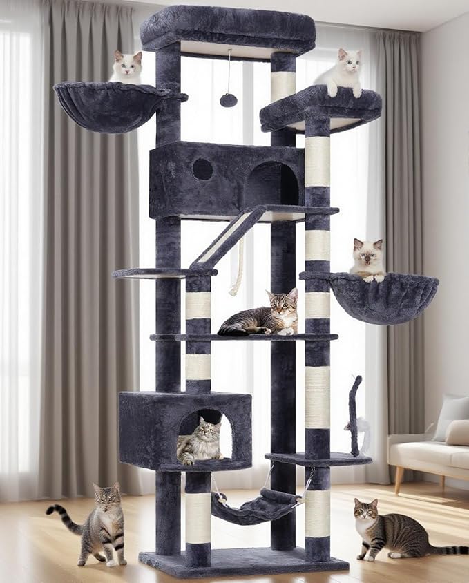 Cat Tree for Large Cats, 78.7"(200cm) Tall Cat Tower for Indoor Cats Multiple Cats with Large Top Perch, Cat Condo, Cat Hammcok, Cat Scratching Post, Dark Gray GCT031G-Mewly Pet