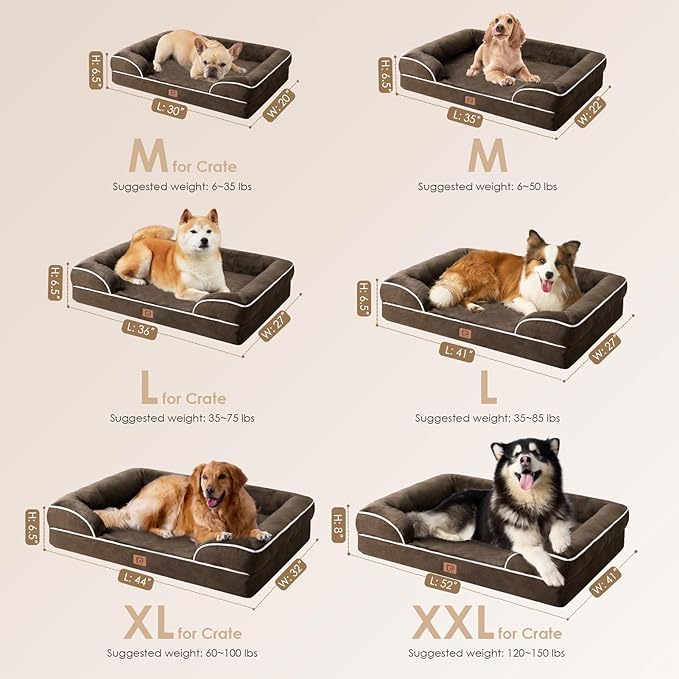 EHEYCIGA Orthopedic Dog Bed for Medium Dogs, Waterproof Memory Foam Medium Dog Beds with Sides, Non-Slip Bottom and Egg-Crate Foam Pet Couch Bed with Washable Removable Cover, Brown-Mewly Pet