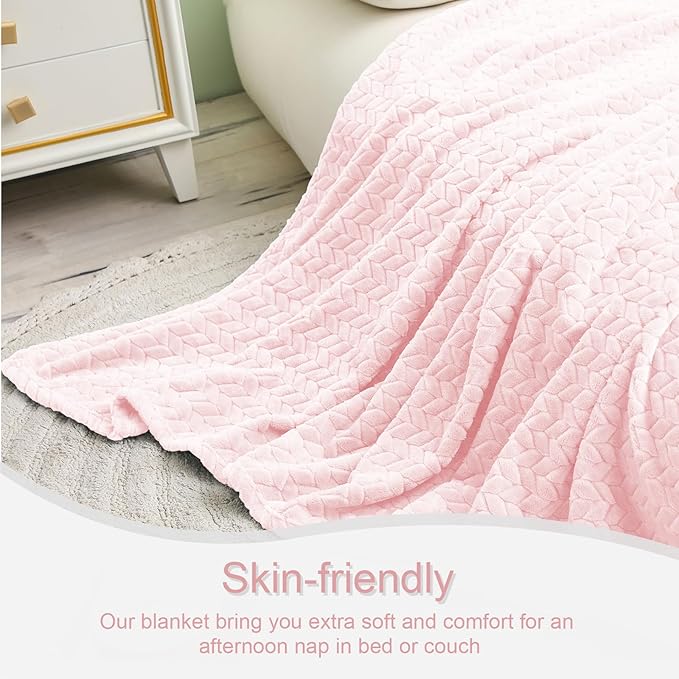 Exclusivo Mezcla Fleece Twin Size Blanket for Bed, 90x66 Inches Soft Cozy Jacquard Flannel Blankets, Lightweight Fuzzy Plush Warm for Winter, Light Pink
