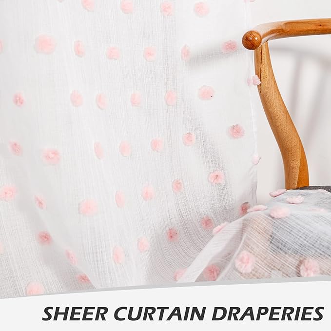 MYSKY HOME Short Pink Pom Pom Sheer Curtains - 54 Inch Long, 52" x 54", Rod Pocket, 2 Panels, Small Window, Kitchen, Bathroom, Nursery, Boys, Kids Room