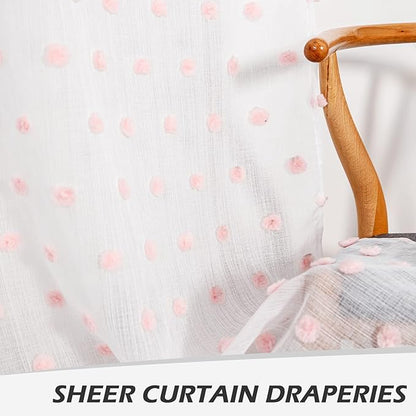 MYSKY HOME 72 Inch Long Pink Pom Pom White Sheer Curtains for Bedroom Curtains for Baby Nursery Door Curtains for Doorway 2 Panels Light Filtering Rod Pocket Semi Window Drapes 52 x 72 inch
