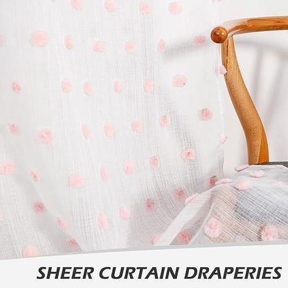 MYSKY HOME 95 Inch Length Pink Pom Pom Sheer Curtains for Bedroom & Living Room - Large Sliding Door Curtains - Light Filtering - Rod Pocket - 52 x 95 in - 2 Panels