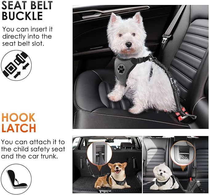 SlowTon Dog Seat Belt, Adjustable Dog Safety Belt Leash, 2 in 1 Latch Bar Attachment Dog Car Seatbelt with Elastic Nylon Bungee Buffer, Reflective Nylon Belt Tether Connect to Dog Harness (Black)-Mewly Pet