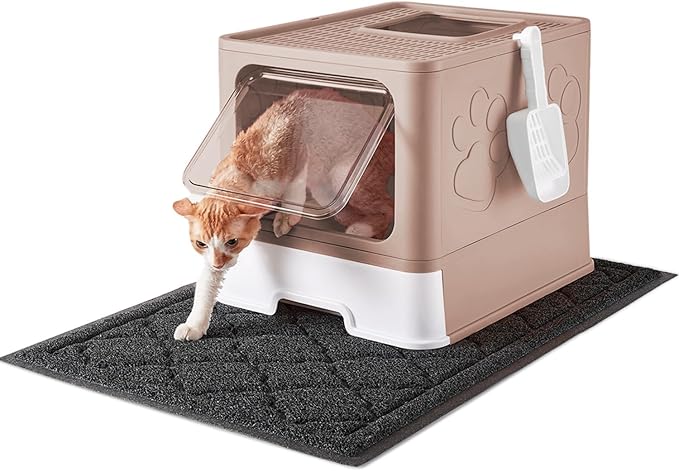 Cat Litter Box with X-Large Litter Mat and Scoop, Large Foldable Litter Box with Lid, Enclosed Kitty Box,Front Top Entry Exit, Odor Control Easy to Clean (Upgrade Coffee)-Mewly Pet