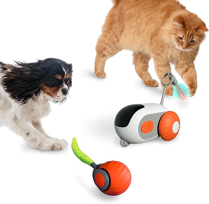 1pc Interactive Automatic Remote Control Cat Mice Car Toy and 1pc Smart Electric Moving Speedy Cat Ball Toy with Feather Tail, Suitable for Dogs, Keep Busy, Stimulating, Rechargeable (orange)-Mewly Pet