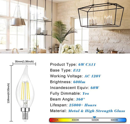 TOBUSA Dimmable E12 Candelabra LED Bulbs 60 Watt Incandescent Equivalent, 5000K Daylight White, Clear Filament Chandelier Light Bulbs 6W, 600lm, CA11 Vintage Ceiling Fan Light Bulbs with Flame Tip