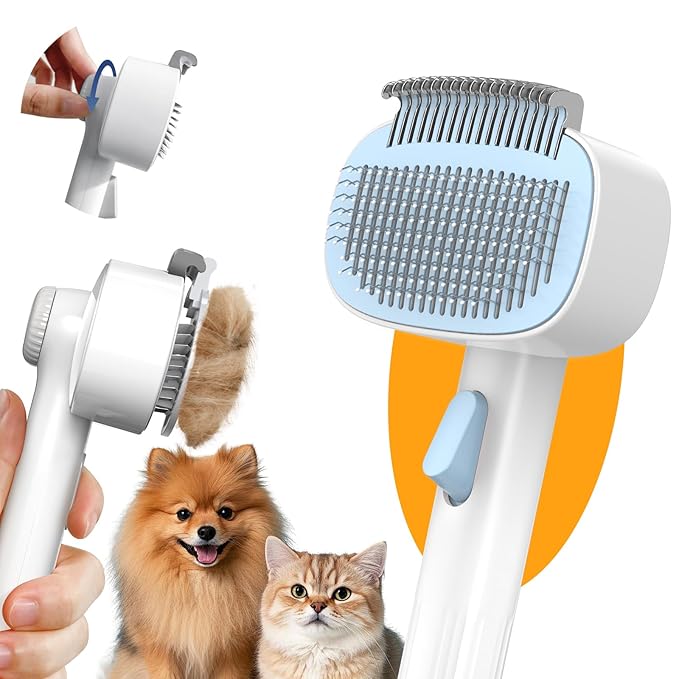 Self Cleaning Slicker Brush, 2-in-1 Cat Brush for Shedding, Skin Friendly Grooming Tool for Long & Medium-Long Hair Pets, Adjustable Bristle Length with Dematting Comb for Cats, Dogs (Blue)-Mewly Pet