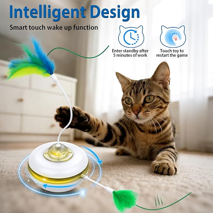 Interactive Cat Toys Rechargeable, Hide and Seek Kitten Toy with Touch Activated, Moving Concealed Feather, Tumbler Toy Design, Automatic Cat Toys for Indoor Cats to Chase and Exercise-Mewly Pet