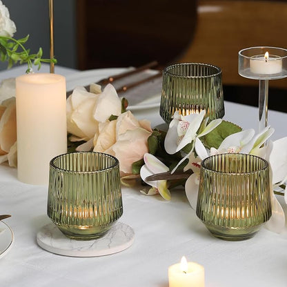 LAMORGIFT 12 Pcs Large Green Ribbed Glass Tea Light Holders - 3.15" x 3.15" - Green Wedding Decor, Table Centerpieces