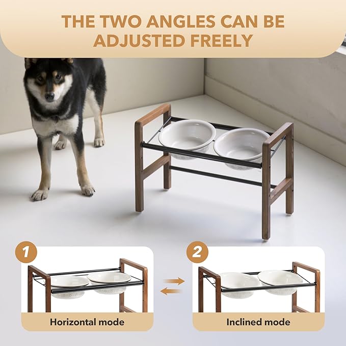7.1inch Ceramic Adjustable Raised Double Bowls Set with Stand, 3 Heights Elevated, 2 Placement Options,Food and Water Bowls for Medium and Large Dog(Reactived Glaze -White)-Mewly Pet