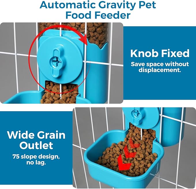 VANNON Small Animal Hanging Automatic Food Dispenser, 35oz Gravity Pet Feeder for Cage, Food Bowl for Rabbit Puppy Cat Ferret Guinea Pig Chinchilla Parrot (Blue)-Mewly Pet