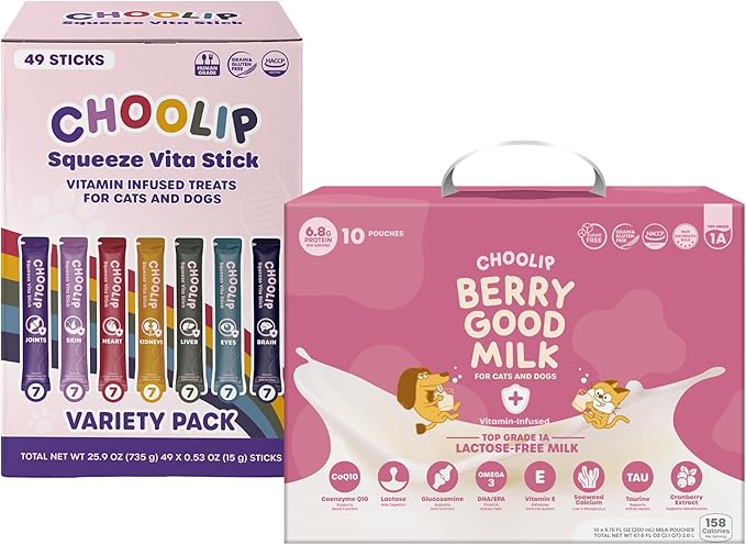 Bundle | Berry Good Milk 10pk Vitamin-Infused + 49 Variety Squeeze Vita Sticks with Essential multivitamins [Both Products are for Cats & Dogs of All Life Stages]-Mewly Pet