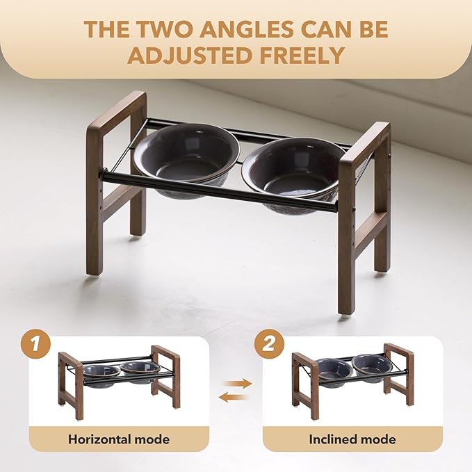 6.3inch Ceramic Adjustable Raised Double Bowls Set with Stand, 3 Heights Elevated, 2 Placement Options,Food and Water Bowls for Adult Cat Small and Medium Dog(Reactived Glaze -Grey)-Mewly Pet